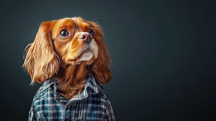 Naklejka premium Stylish Dog in Plaid Shirt Against Dark Background