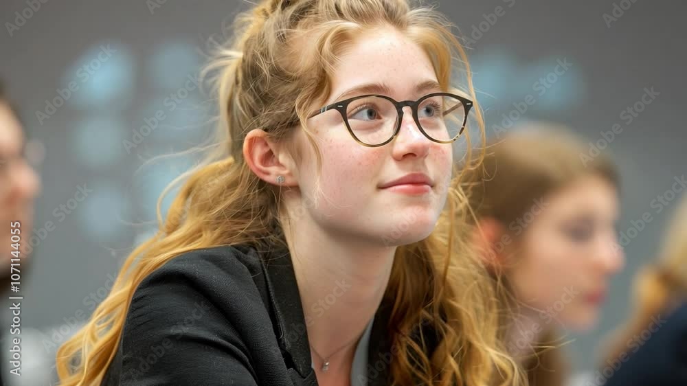 Poster this student with glasses listens intently during a classroom discussion with peers nearby.