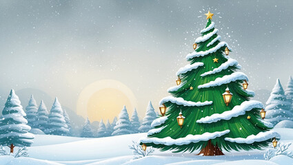 Pine christmas tree and snow background, with space for text