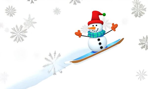 3d snowman skiing isolated clip art, white Christmas holiday background