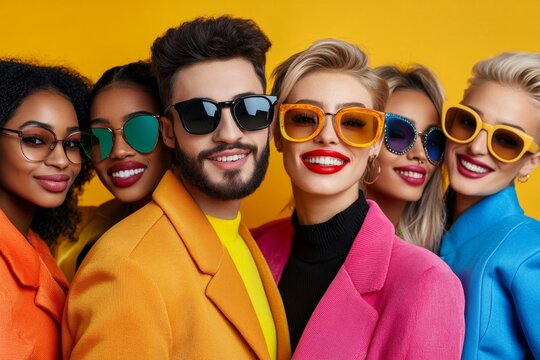 A retro-inspired image of a group of friends dressed in 80s fashion, with bright colors and classic hairstyles