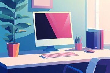 The computer is on the table. Home office workspace concept. Modern flat illustration. 