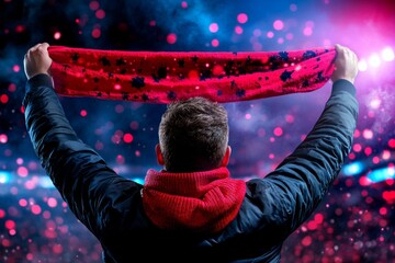 A watercolor of a football fan waving a team scarf in the stadium, with vibrant colors blending in the background