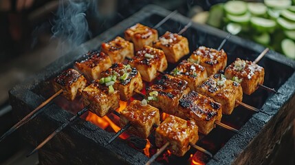 Tofu Skewers Grilling Over Embers With Smoke and Flames