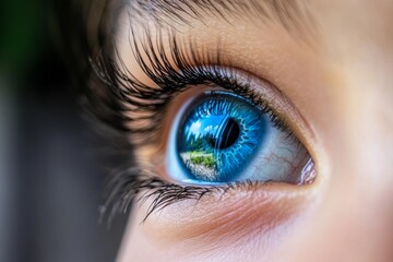 Close-up of a blue eye with natural reflection of a landscape, creating a vivid, clear gaze