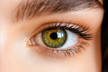 Close-up of an eye with vibrant green iris and natural reflections, showing incredible clarity