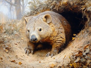 Fototapeta premium A wombat peeks out of its burrow in a woodland setting.