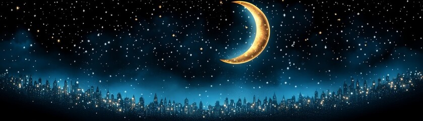 Enchanting night sky, crescent moon glowing amidst twinkling stars and silhouetted trees