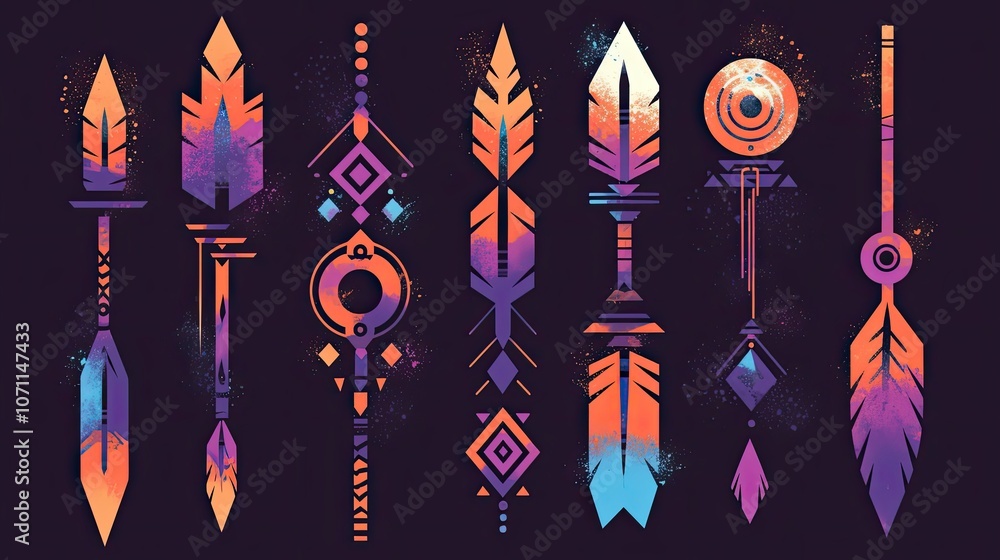 Poster abstract geometric feathers with tribal patterns and splashes of color