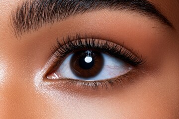 Obraz premium Detailed shot of an eye looking upwards, with soft natural lashes and detailed skin textures