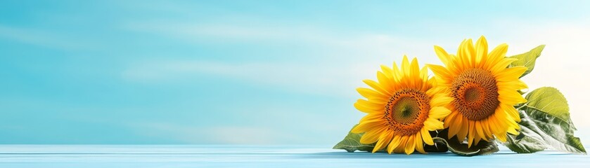 Two radiant sunflowers pop against a tranquil blue background, showcasing nature's beauty in minimalist composition.