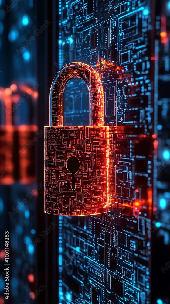 Aufkleber a glowing red padlock on a circuit board background symbolizes cybersecurity and data protection.