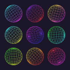 Neon wireframe shapes, lined sphere. Perspective mesh, 3d grid. Low poly geometric elements. Retro futuristic design elements, y2k, vaporwave and synthwave style. Vector illustration