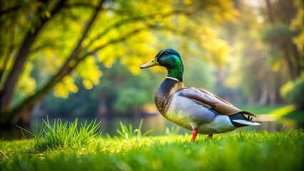 Fototapeta premium Serene Mallard Duck Nestled on Lush Green Grass: A Tranquil Moment in Nature's Embrace Captured in Stunning Detail and Vibrant Colors for Stock Photography Needs
