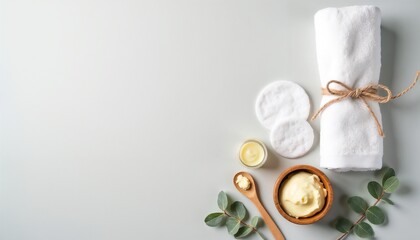 A top view of natural spa essentials featuring a rolled towel, cream jar, and eucalyptus leaves on a light background, evoking a sense of tranquility and relaxation.

