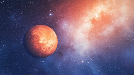 Obraz premium Close-up of glowing planet disk floating in space, serene beauty of the universe with ample copy space for text or design.