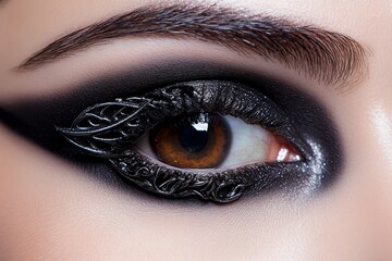 Gothic-style eye with dark makeup, intricate eyeliner, and a moody, mysterious background