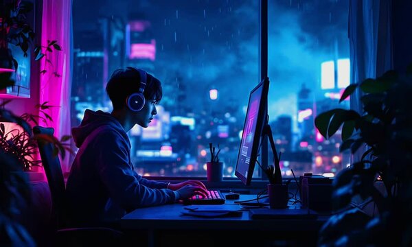 Teenager Asian boy with headphones working on computer in his room at night, town view from window, neon lights, lo-fi style background
