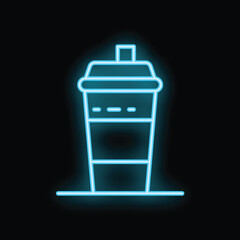 Blue neon icon of a disposable coffee cup with a lid and straw glowing on a black background