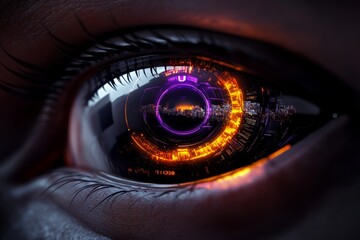 High-tech cyber eye with digital HUD overlays and holographic elements in a futuristic cityscape