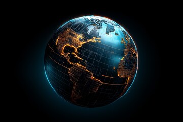 High-tech cyberpunk globe with glowing grid lines and cyber cities across the continents