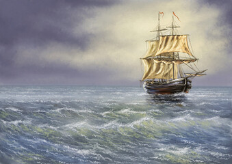 Fototapeta premium Paintings sea landscape, sailing ship in the ocean. An ancient frigate sails on the sea waves