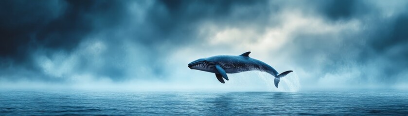 Fototapeta premium Dramatic whale breach, a majestic giant leaps from the ocean depths in breathtaking display of nature's power