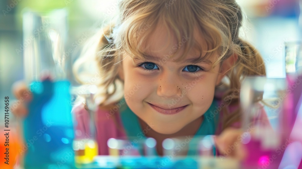 Poster defocused glimpse of a childs delighted face as they try out a science experiment.