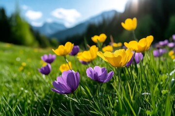 Fototapeta premium Meadow of wild grass mixed with purple and yellow flowers, creating a colorful spring landscape
