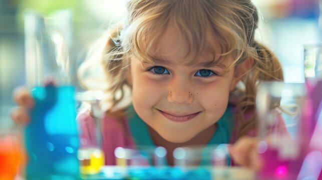 Defocused glimpse of a childs delighted face as they try out a science experiment.