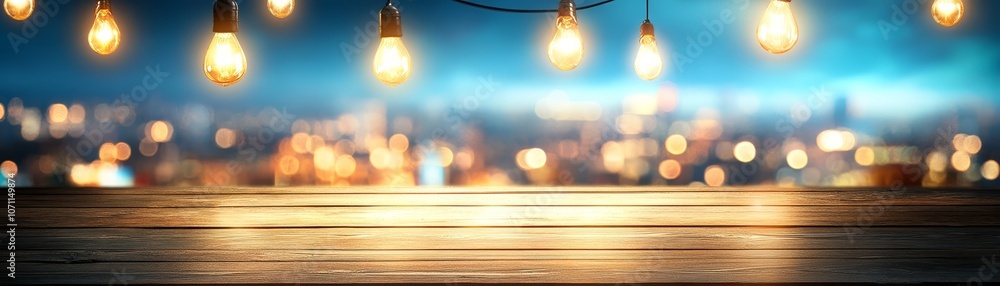 Poster rustic wooden table with hanging light bulbs, creating a warm and inviting ambiance for your space