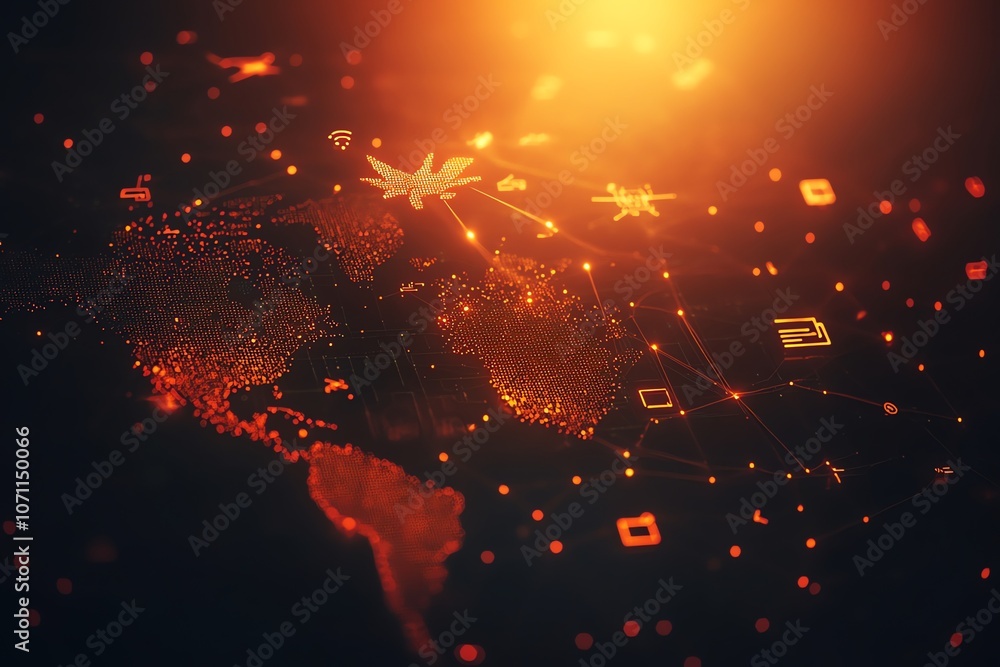 Poster a glowing world map with a cannabis leaf and various icons connected by lines, symbolizing global ca