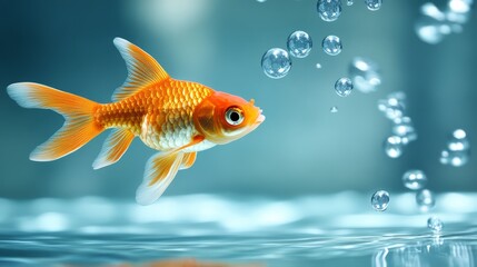 A mesmerizing underwater journey, goldfish explores its vibrant blue kingdom.
