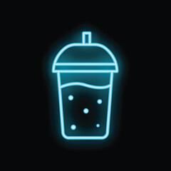 Blue neon sign of takeaway plastic cup with dome lid and straw on black background representing refreshing beverage