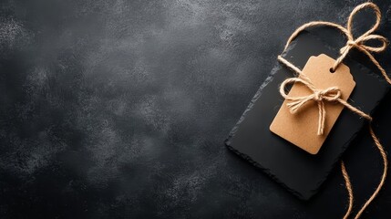 Rustic black slate board with a brown gift tag, ideal blank template for customized messages and creative designs.