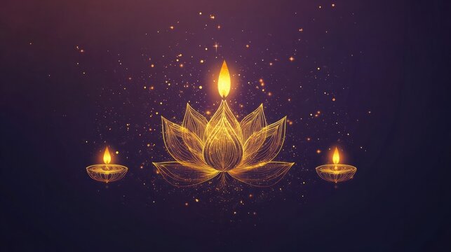 Classic Diwali card with delicate lotus and diya illustration in gold on a royal purple background