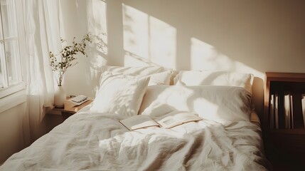 White bed linens and pillows arranged on a cozy bed, minimalist bedroom