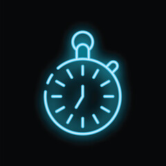 Blue neon stopwatch glowing on dark background is showing time passing by