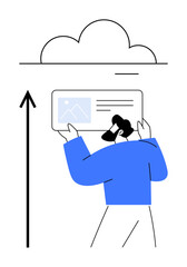 Person in blue transferring content to cloud with arrow. Ideal for technology, data storage, innovation, simplicity, connectivity, progress, communication. Line metaphor