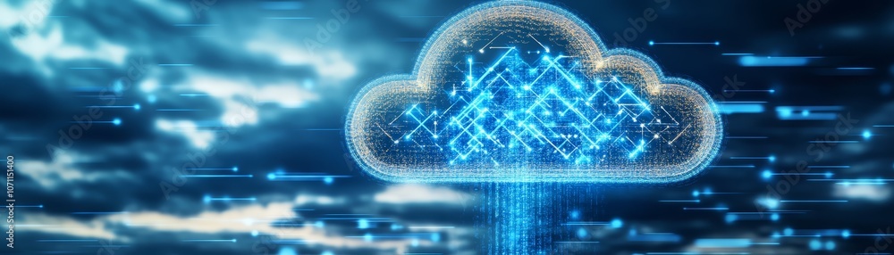 Poster cloud computing concept, interconnected servers for data processing, storage, accessibility, and sca