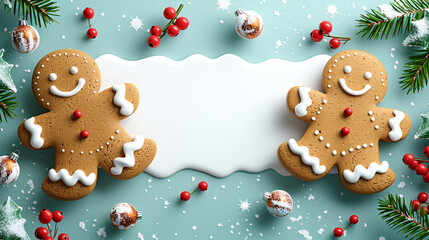 Fototapeta premium Two cheerful gingerbread men framed by festive decorations, with a blank space in the center, perfect for holiday greetings.