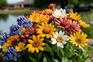 Wildflowers growing on a hillside, showing an array of colors and textures in natural sunlight