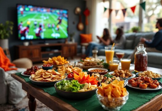 Friends watching football game on tv and enjoying snacks and drinks