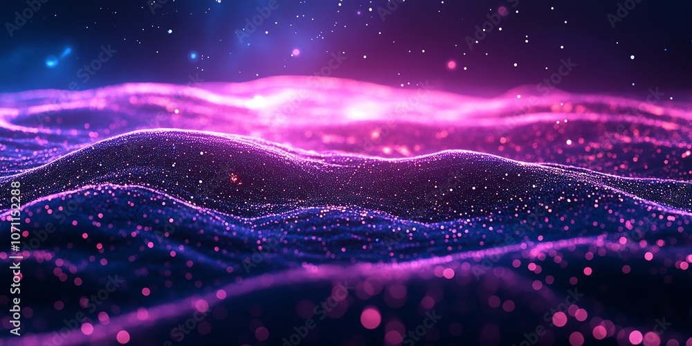 Poster abstract purple and blue wave background with glowing particles.