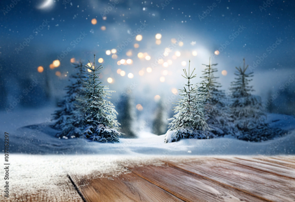 Poster a wooden table sits in front of a snowy forest with pine trees covered in snow.