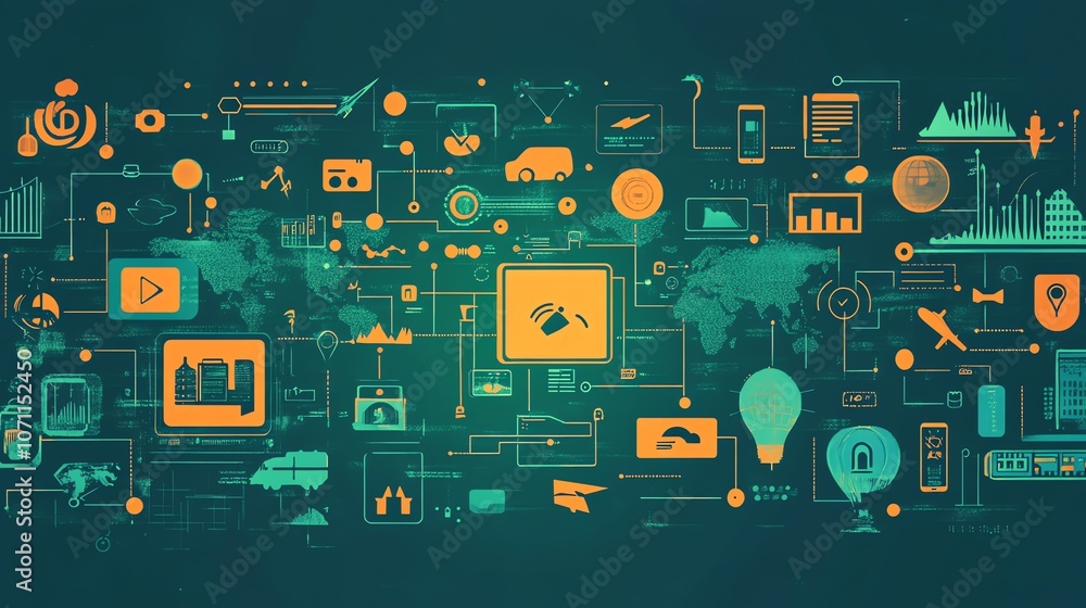 Aufkleber abstract illustration of interconnected technology icons representing innovation, connection, and da