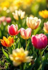 Fototapeta premium Colorful tulips blooming in spring garden during golden hour sunset