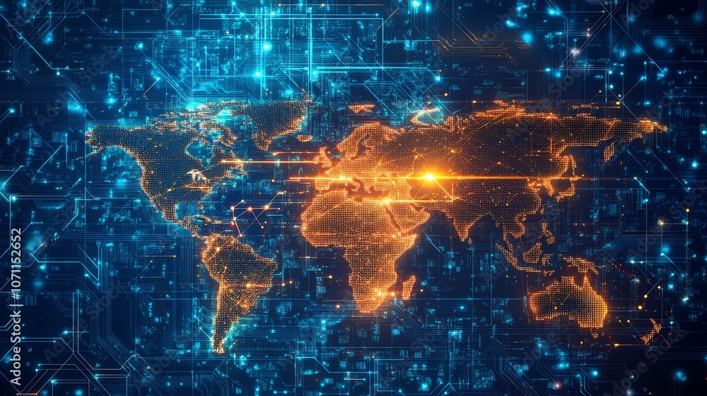 Poster a glowing orange world map superimposed on a blue circuit board background, representing global conn