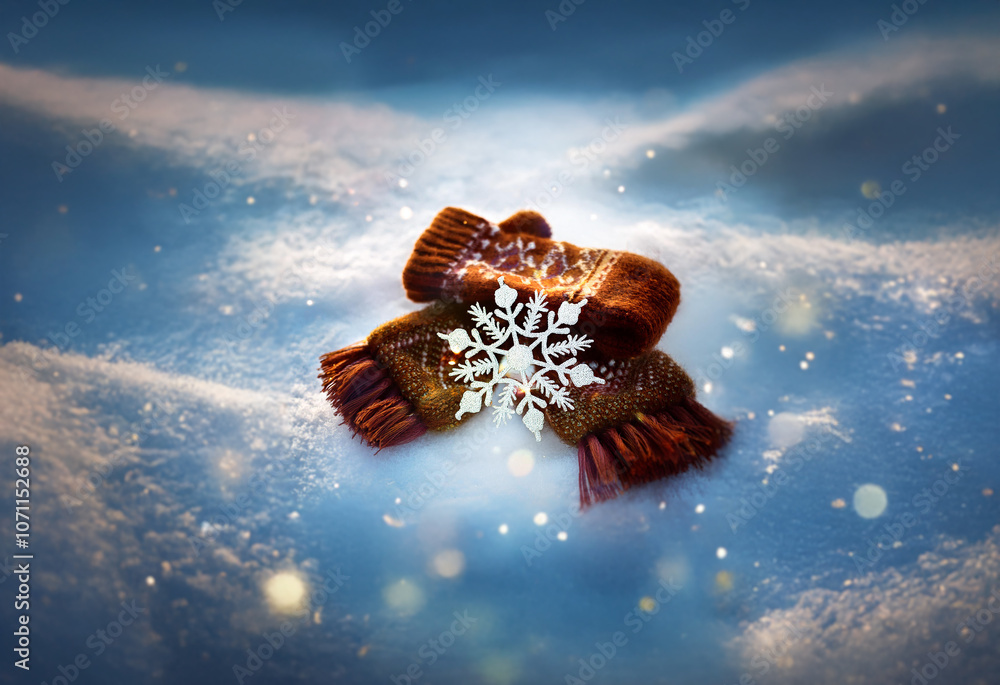 Poster a pair of brown mittens lie in the snow with a snowflake resting on top.