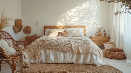 Cozy Minimalist Bedroom with Natural Decor and Soft Textures in Warm Earth Tones
